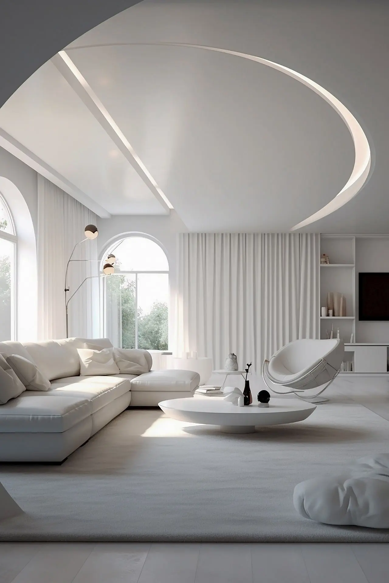 La imagen muestra un elegante y moderno salón con un diseño minimalista en tonos blancos que transmite luminosidad y serenidad. El espacio está dominado por un gran sofá modular en forma de L, acompañado por una mesa de centro baja y redonda que se alinea perfectamente con el estilo contemporáneo del entorno. A la derecha, una silla de diseño curvo complementa la decoración sofisticada.  El techo tiene un diseño arquitectónico único con formas curvas que añaden profundidad y dinamismo al ambiente. Grandes ventanales arqueados permiten la entrada de luz natural, acentuada por unas cortinas blancas que suavizan el espacio. Los elementos decorativos son discretos, como libros y pequeños accesorios, enfatizando el enfoque en la simplicidad y la funcionalidad. Este salón es el epítome de un diseño limpio y moderno, ideal para el descanso y la convivencia.