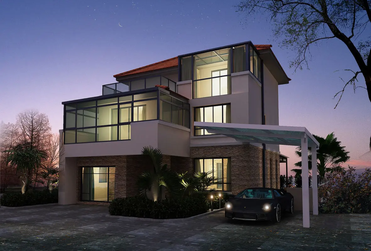 La imagen muestra una elegante vivienda moderna de varias plantas al atardecer, con un diseño arquitectónico contemporáneo que combina líneas rectas y materiales como vidrio y piedra. Las amplias ventanas permiten una abundante entrada de luz natural y ofrecen vistas panorámicas, destacando un estilo abierto y luminoso.  En el primer nivel, se observa un porche cubierto con una estructura ligera que sirve como estacionamiento, donde hay un automóvil de lujo estacionado, añadiendo un toque sofisticado al conjunto. El entorno está rodeado de vegetación bien cuidada, con palmeras y arbustos que complementan la estética del hogar.  El cielo en tonos cálidos y azulados del anochecer aporta una atmósfera tranquila y acogedora, haciendo de esta vivienda un espacio ideal que combina modernidad, funcionalidad y confort en un entorno natural.