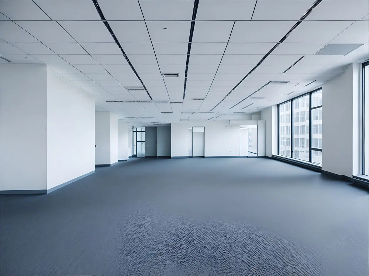 La imagen muestra un espacio interior amplio y vacío, probablemente destinado a oficinas o usos comerciales. Las paredes y el techo son blancos, lo que contribuye a una sensación de luminosidad y amplitud. El techo presenta un diseño modular con iluminación integrada, típica de ambientes corporativos modernos.  El suelo está cubierto con una moqueta de tono oscuro, que contrasta con la claridad de las paredes y añade un toque de profesionalidad al espacio. A la derecha, grandes ventanales de vidrio ofrecen vistas al exterior, permitiendo la entrada de luz natural y conectando visualmente el interior con un entorno urbano. Este espacio es versátil y puede ser adaptado para diferentes usos, destacando por su diseño limpio y funcional.