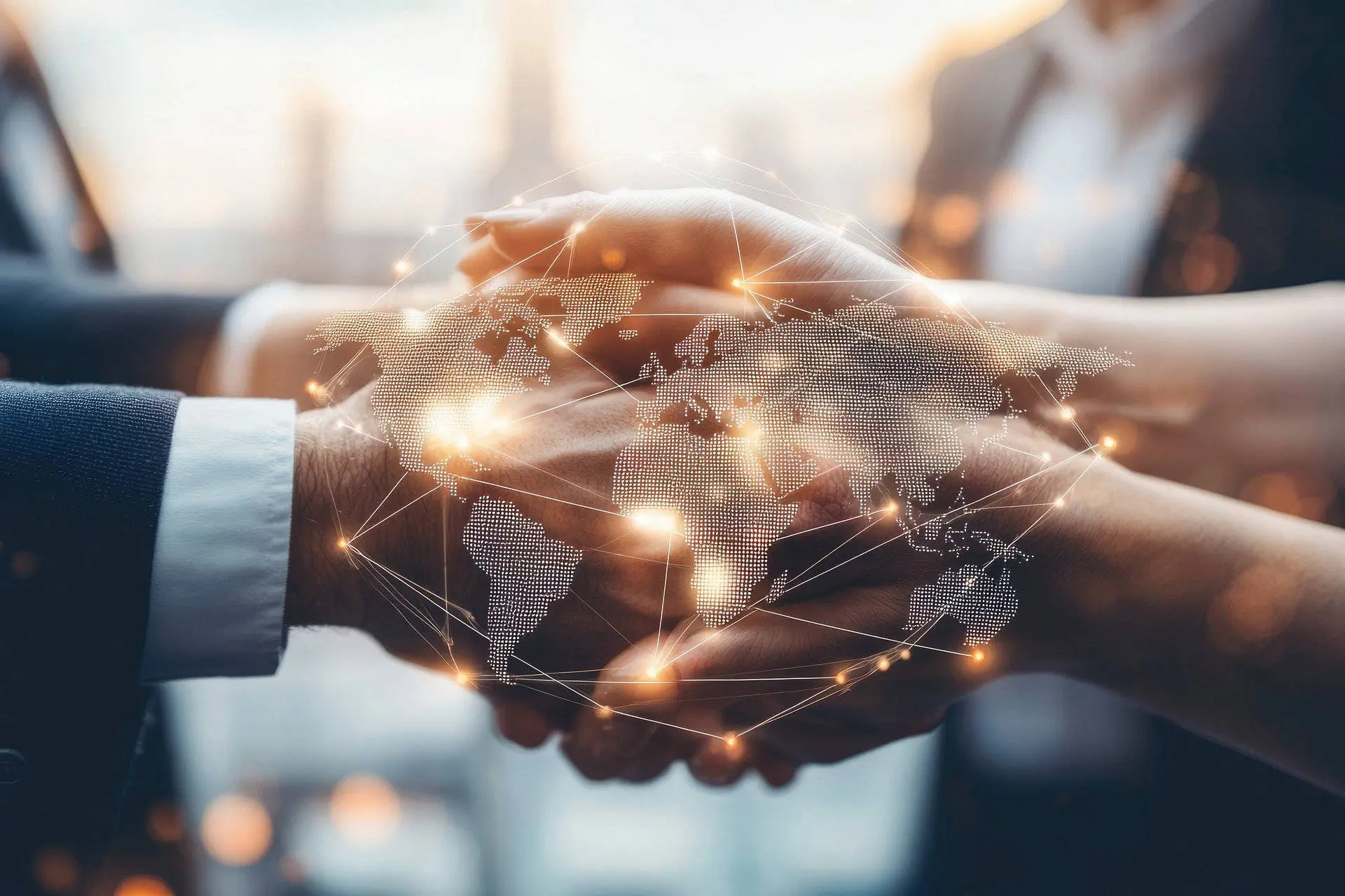 En la imagen se muestra un apretón de manos entre dos personas, simbolizando confianza y colaboración. Sobre las manos aparece una representación digital del mapa del mundo con conexiones iluminadas, lo que transmite la idea de interconexión global, alianzas internacionales y el uso de la tecnología para la comunicación y la gestión. El fondo desenfocado resalta las manos y el mapa como elementos principales, evocando conceptos como negocios globales, trabajo en equipo o gestión patrimonial en un entorno moderno y tecnológico.